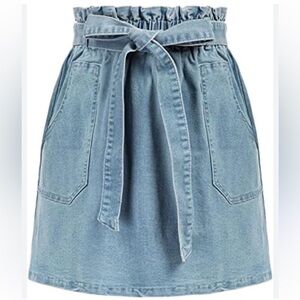 Light Blue Denim Midi Skirt with Tie Waist